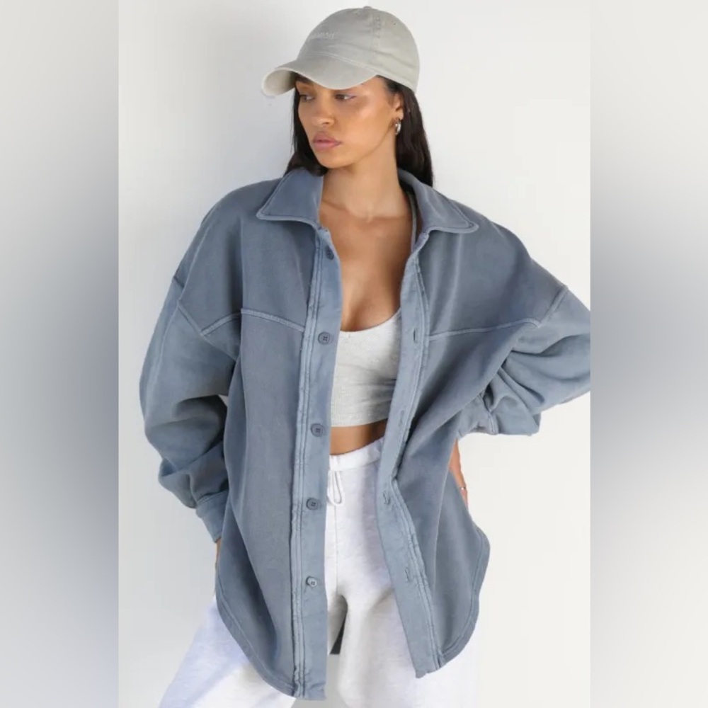 Joah Brown Oversized Button Down Jacket in Washed Blue // Great Condition!